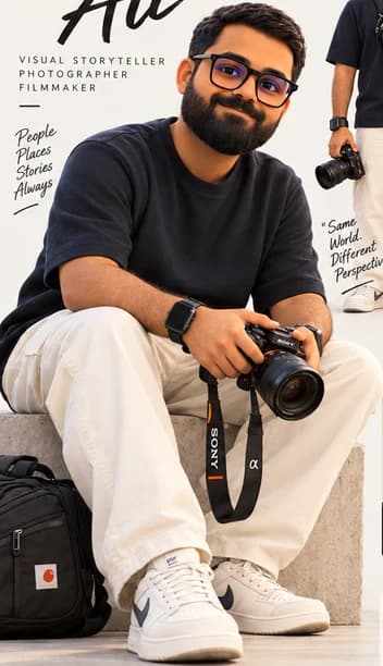 A 3D illustration of Amān Ali sitting with his camera